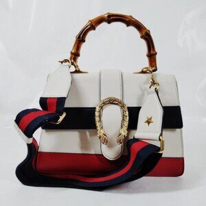 GUCCI Calfskin Bamboo Web Medium Dionysus Top Handle Bag White Blue Hibiscus Red